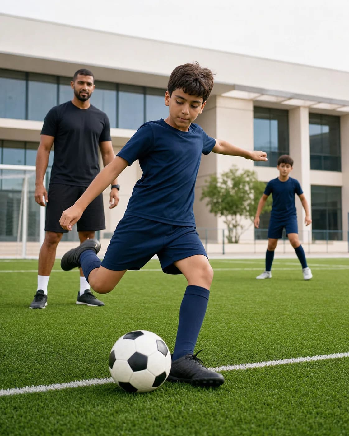 Young footballer making a controlled pass during training at an Abu Dhabi school pitch