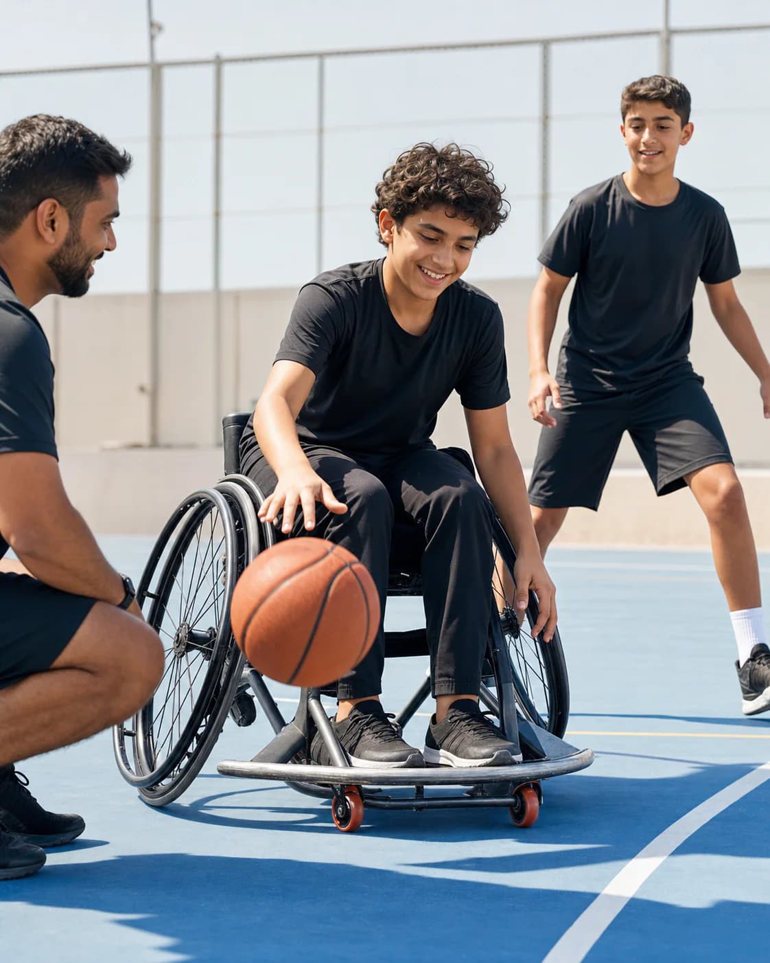 Young wheelchair basketball player developing ball control with his coach and teammate in Abu Dhabi