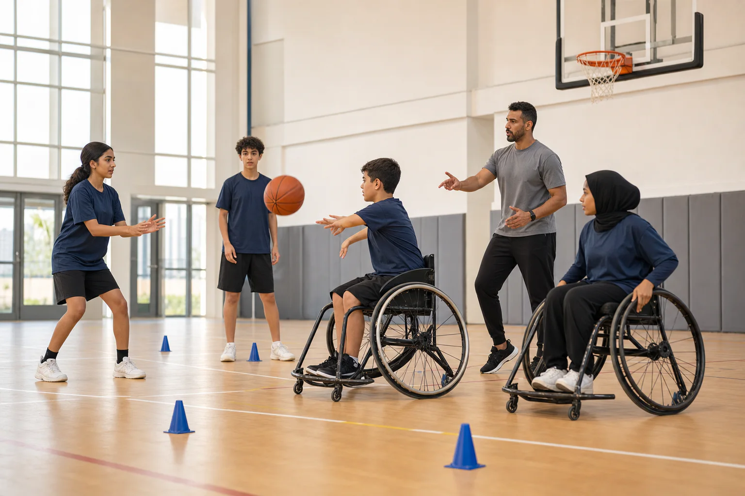 Wheelchair users and standing peers training together during an inclusive basketball session in Al Ain