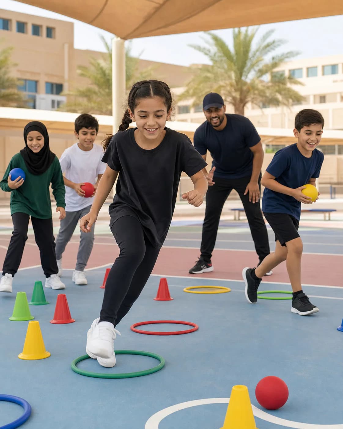 Children enjoying a supervised multi-sport obstacle course at an Al Ain school