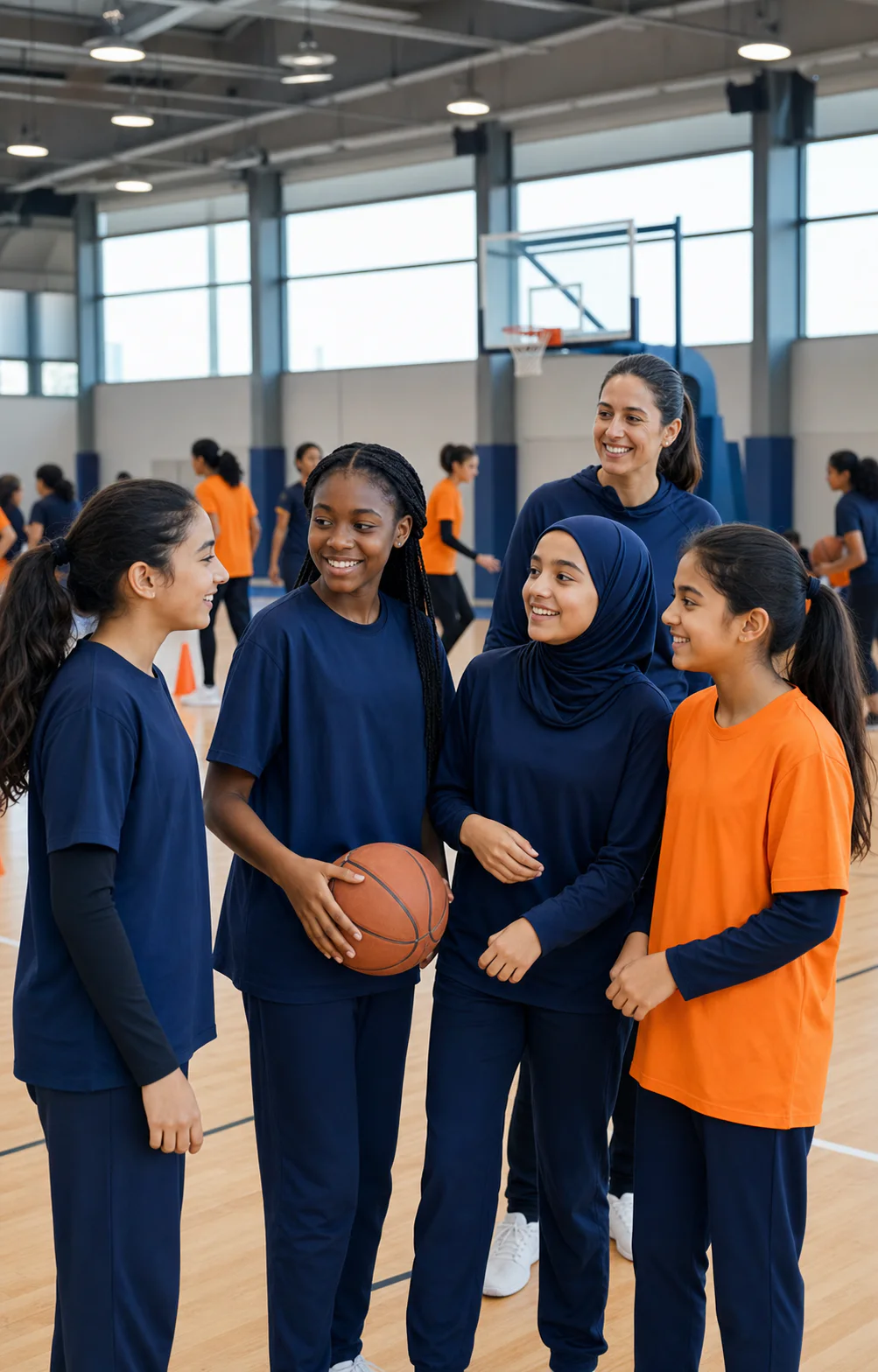 Diverse girls and their coach together during a basketball session at a Dubai school