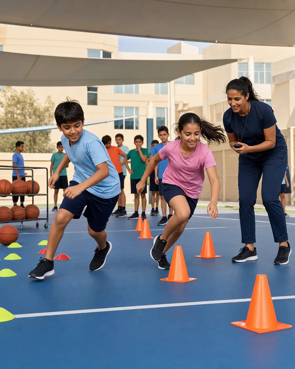 Schoolchildren completing a supervised after-school agility relay in Dubai