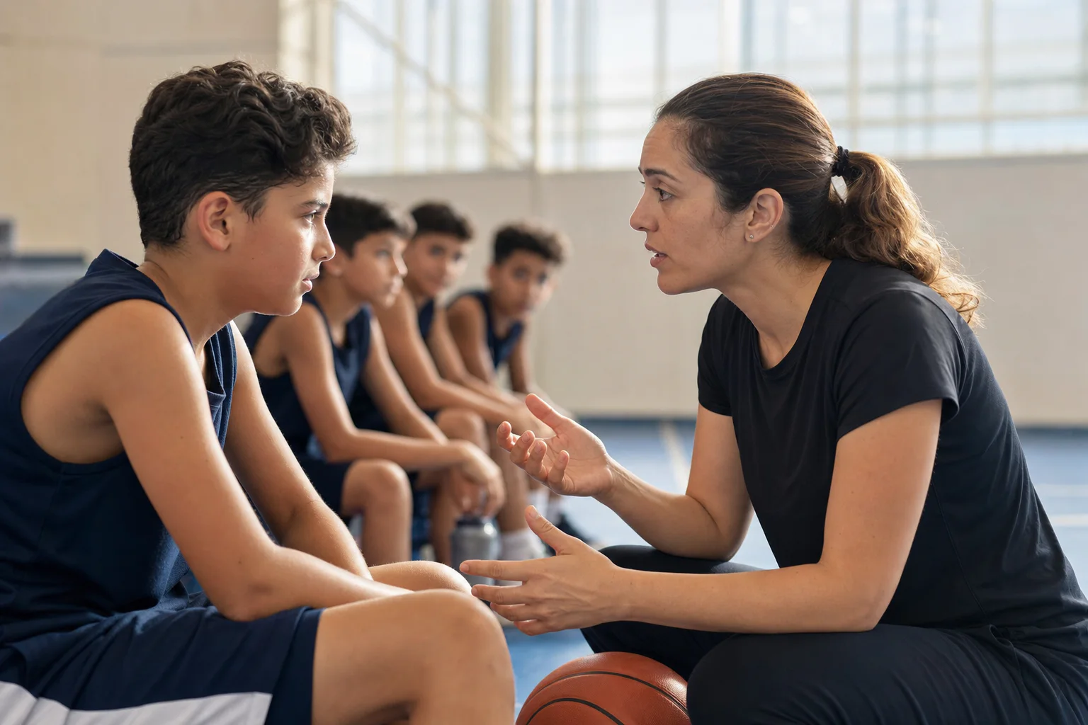 Coach giving calm one-to-one basketball guidance to a young athlete in an Abu Dhabi school sports hall