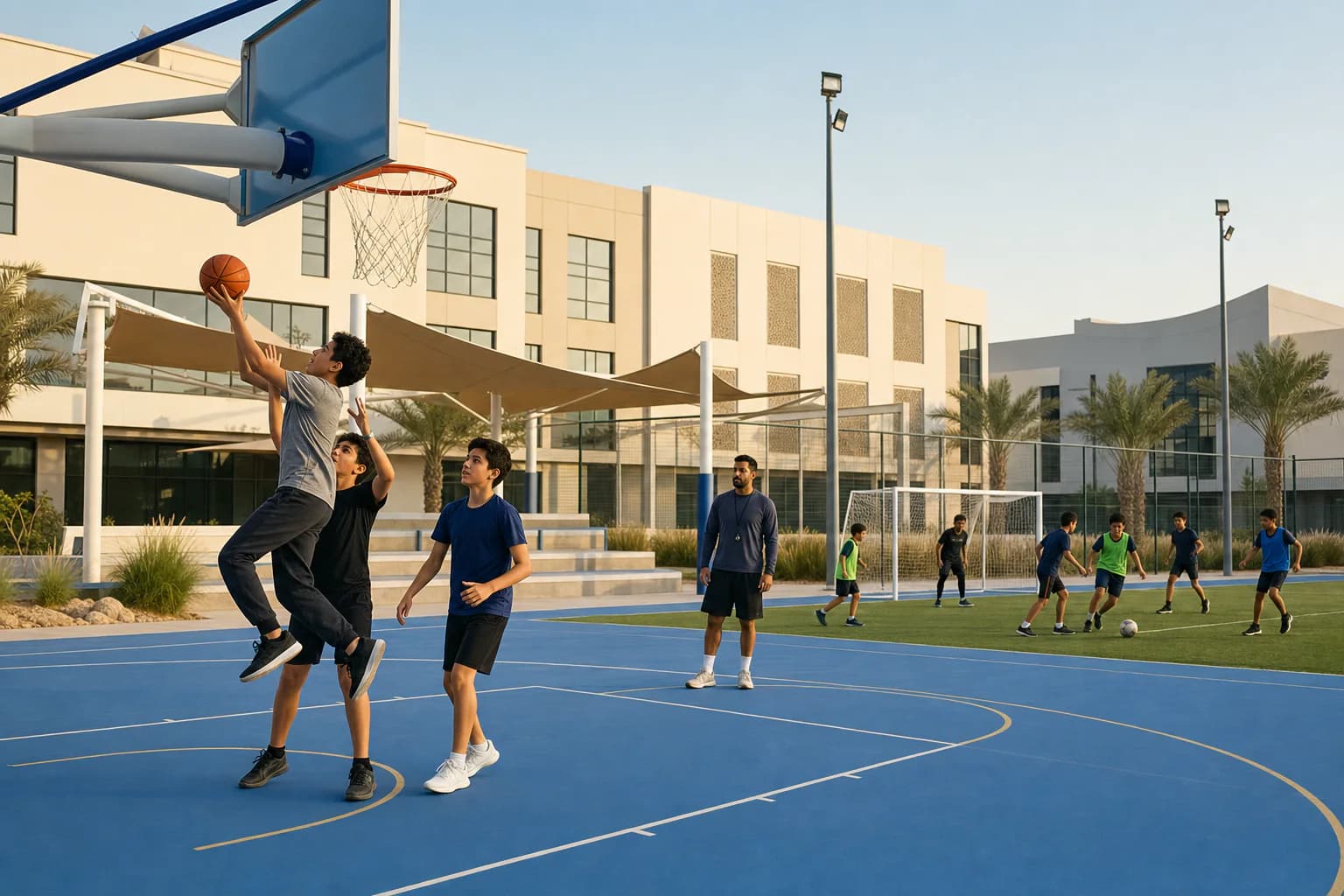 Modern basketball and football facilities at an Abu Dhabi school campus