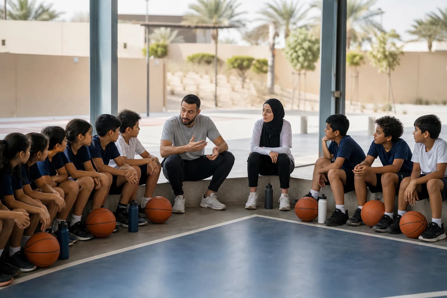 Schoolchildren listening to their coaches between activities on an Abu Dhabi court