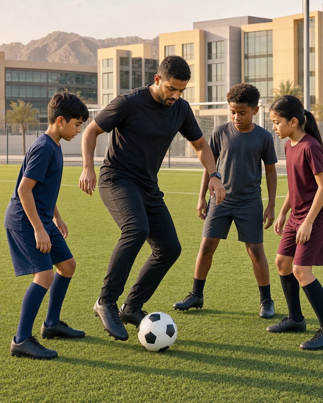 Coach demonstrating close football control to young athletes on an Al Ain school pitch