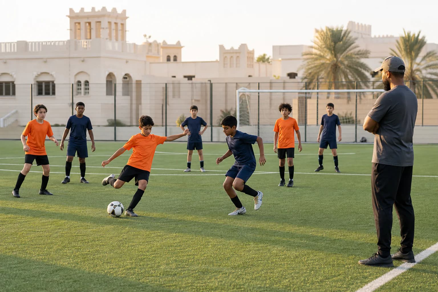 Young footballers competing in a supervised small-sided match on an Al Ain school pitch