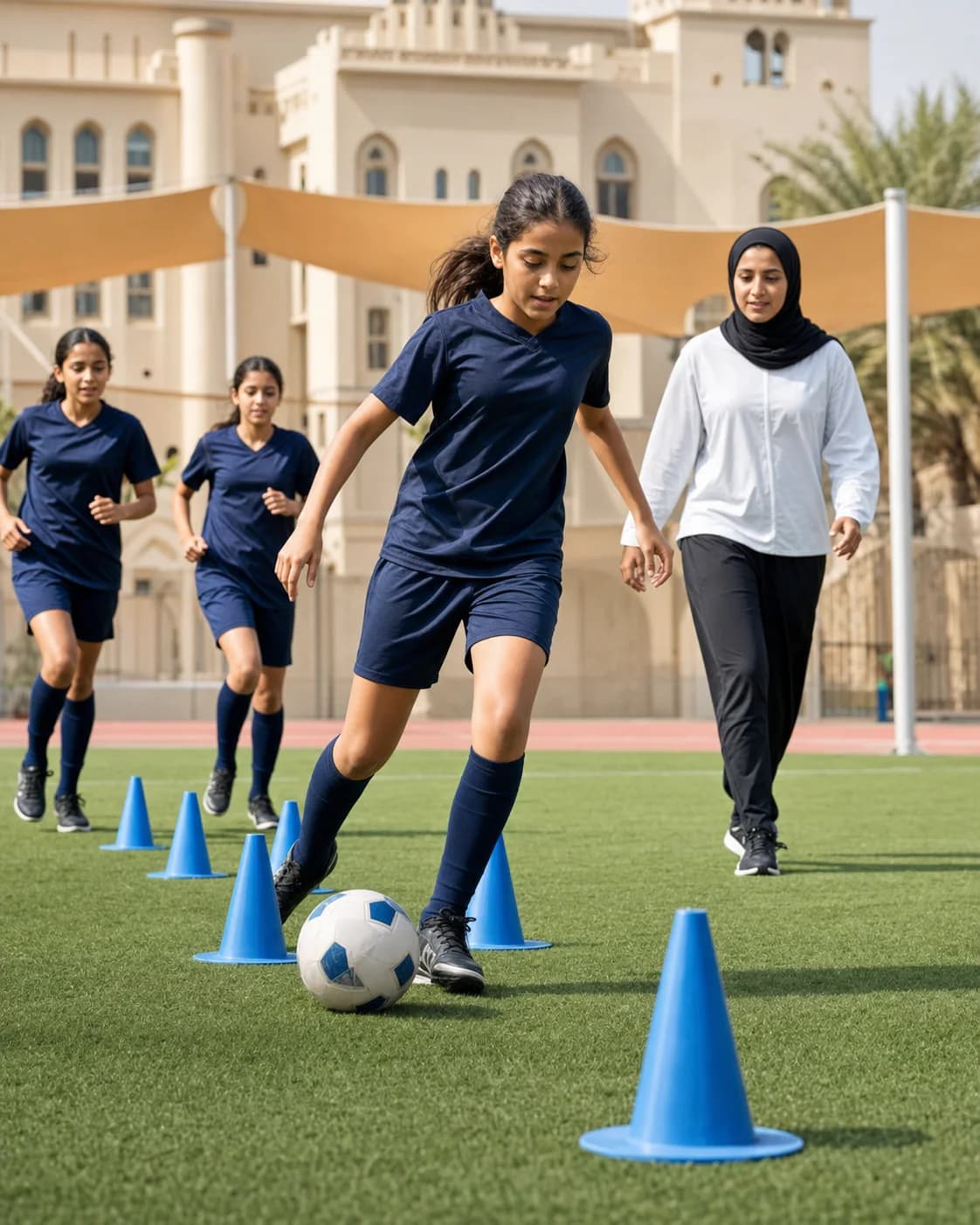 Girl dribbling a football through cones during a supervised Dubai training session