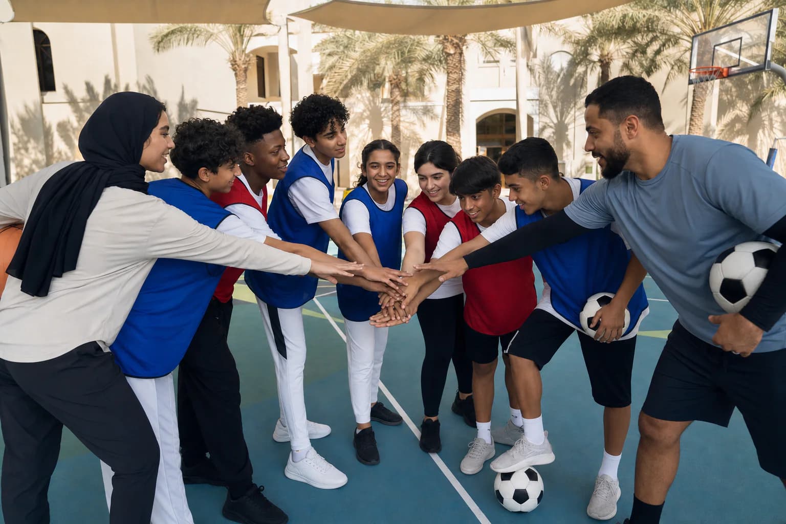 Young athletes and their coaches bringing their hands together in a team huddle on a Dubai school court
