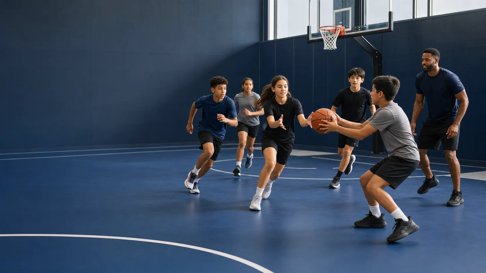 Young athletes completing a basketball passing drill with their coach on a modern UAE indoor court
