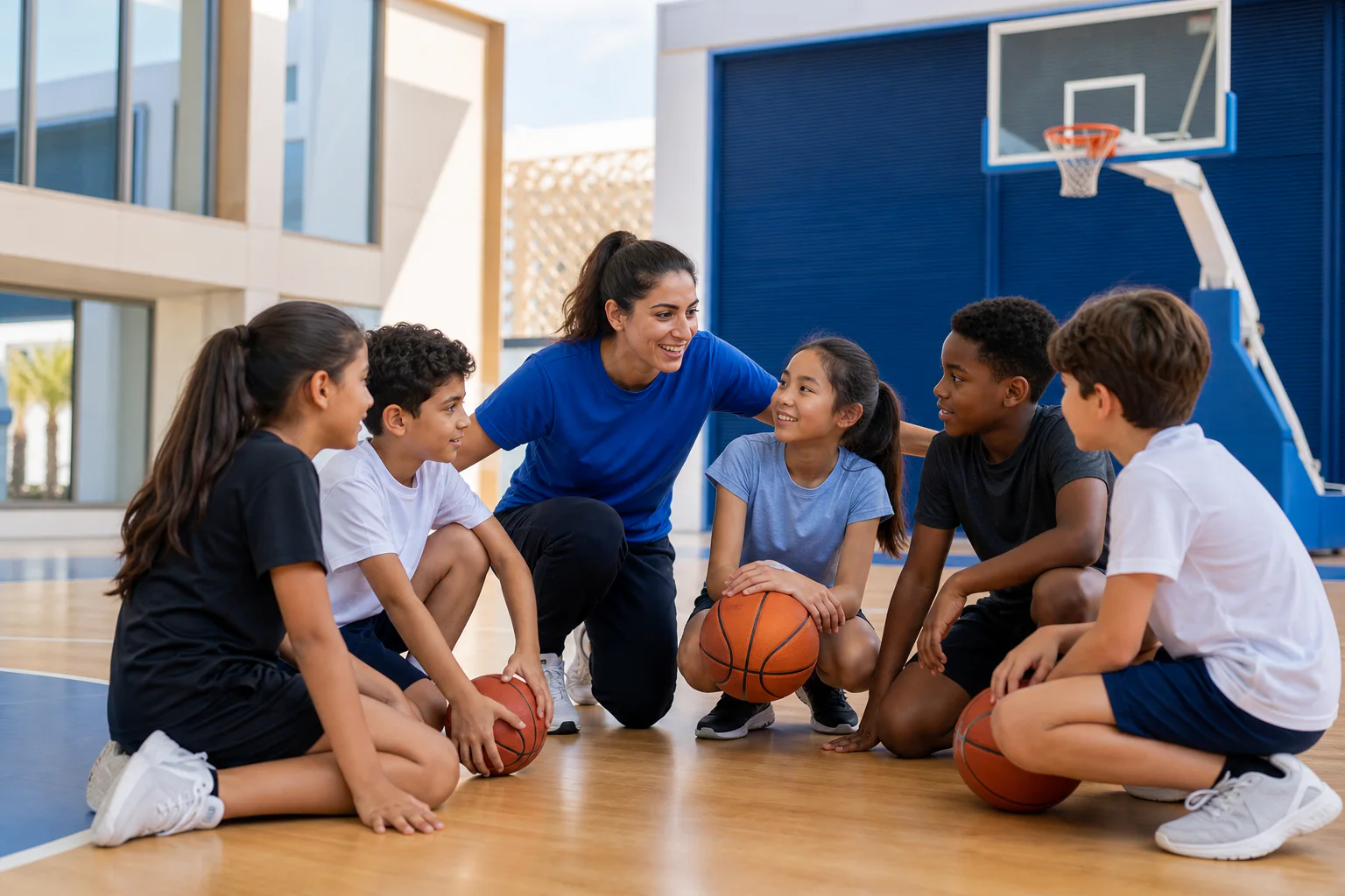 Basketball coach encouraging a diverse group of young teammates in a modern UAE sports hall