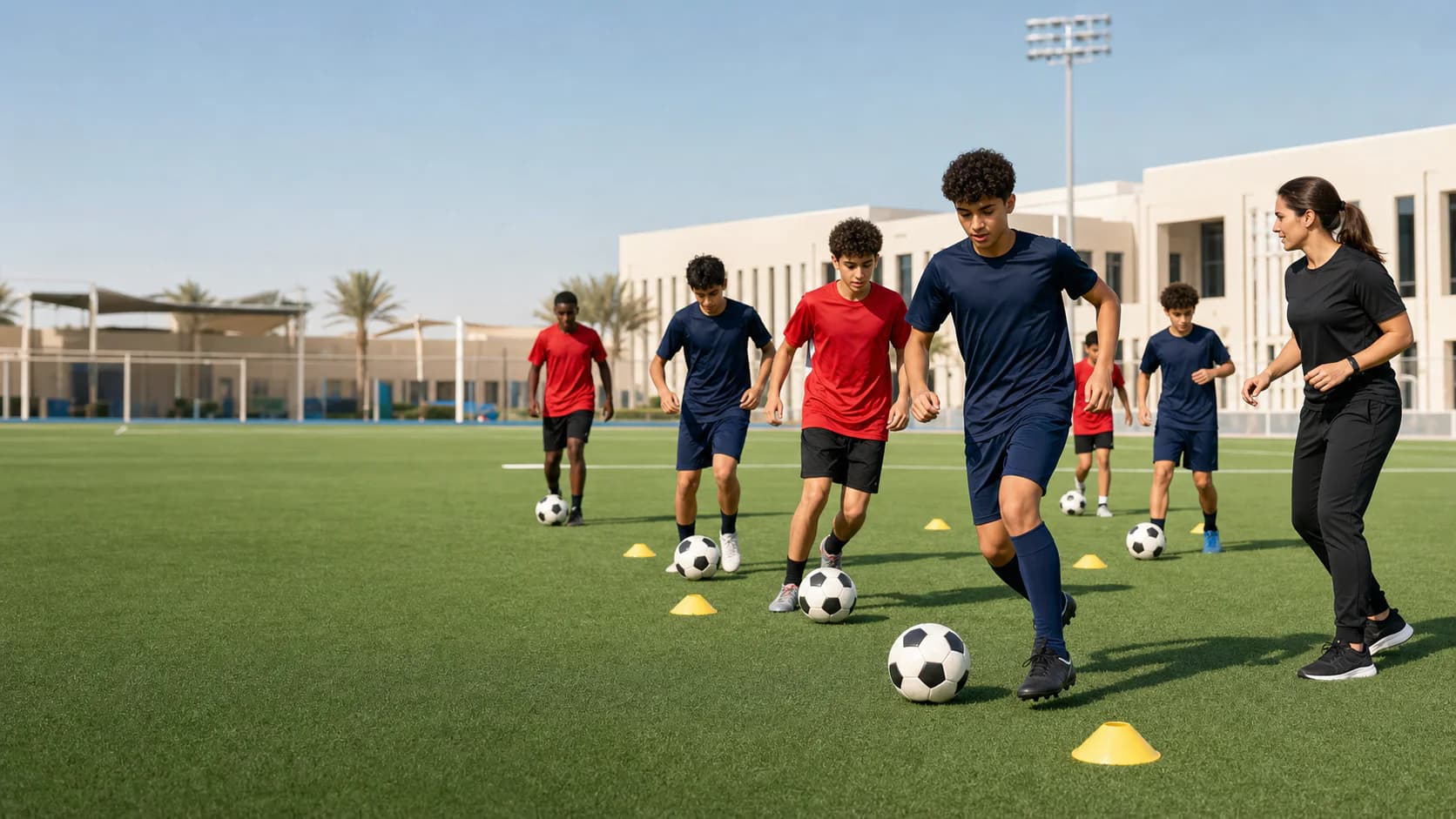 Young footballers completing a structured ball-control drill with their coach at a modern UAE school