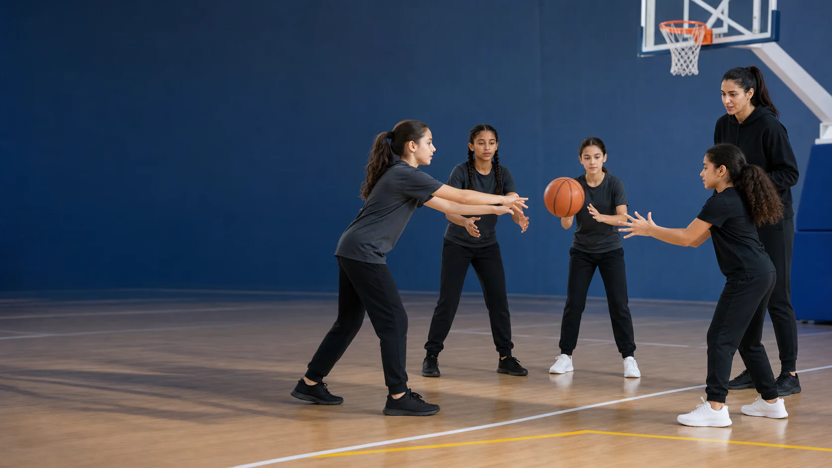 Girls completing a focused passing drill with their coach on a UAE indoor basketball court