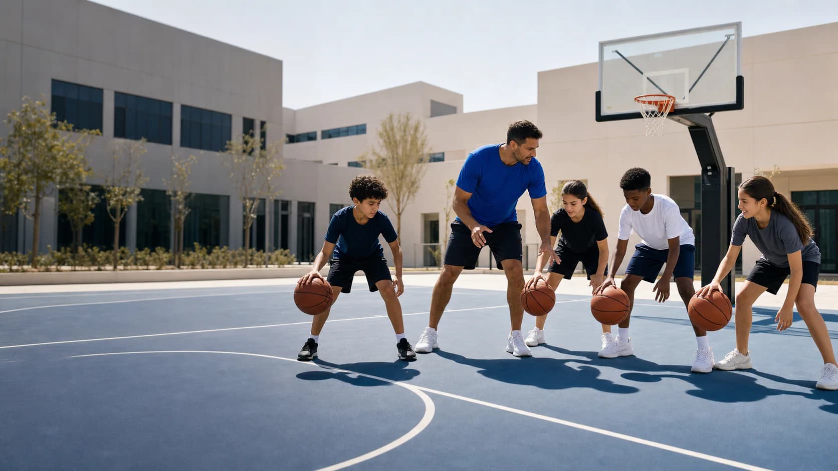 Coach leading a multicultural group of children through basketball training at a modern UAE school