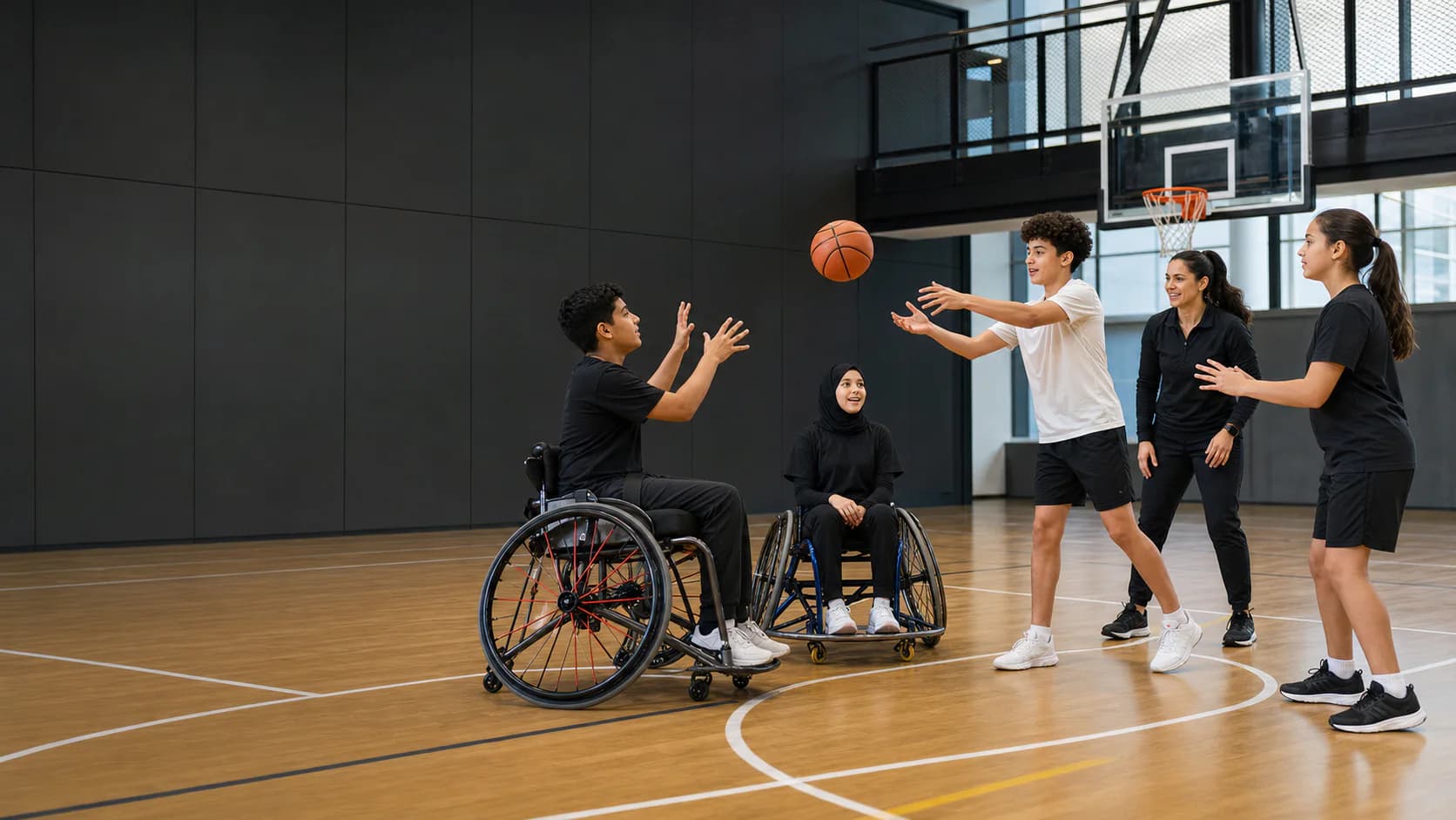 Young wheelchair users and standing teammates passing a basketball together on a UAE indoor court