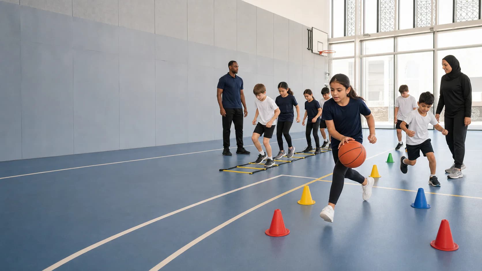 Children rotating through organised basketball and agility stations at a UAE school