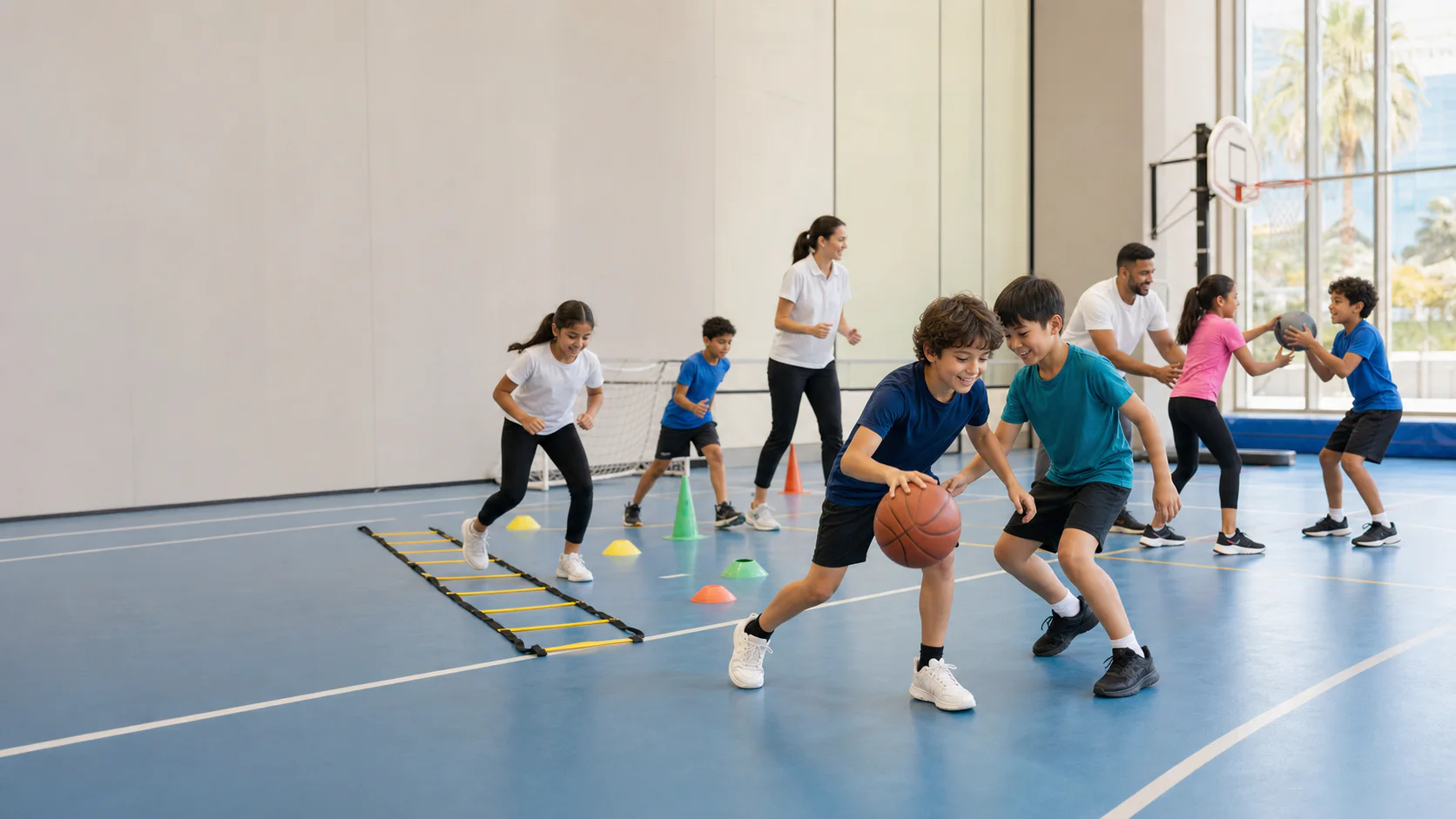 Children enjoying supervised multi-sport stations inside a bright UAE school hall