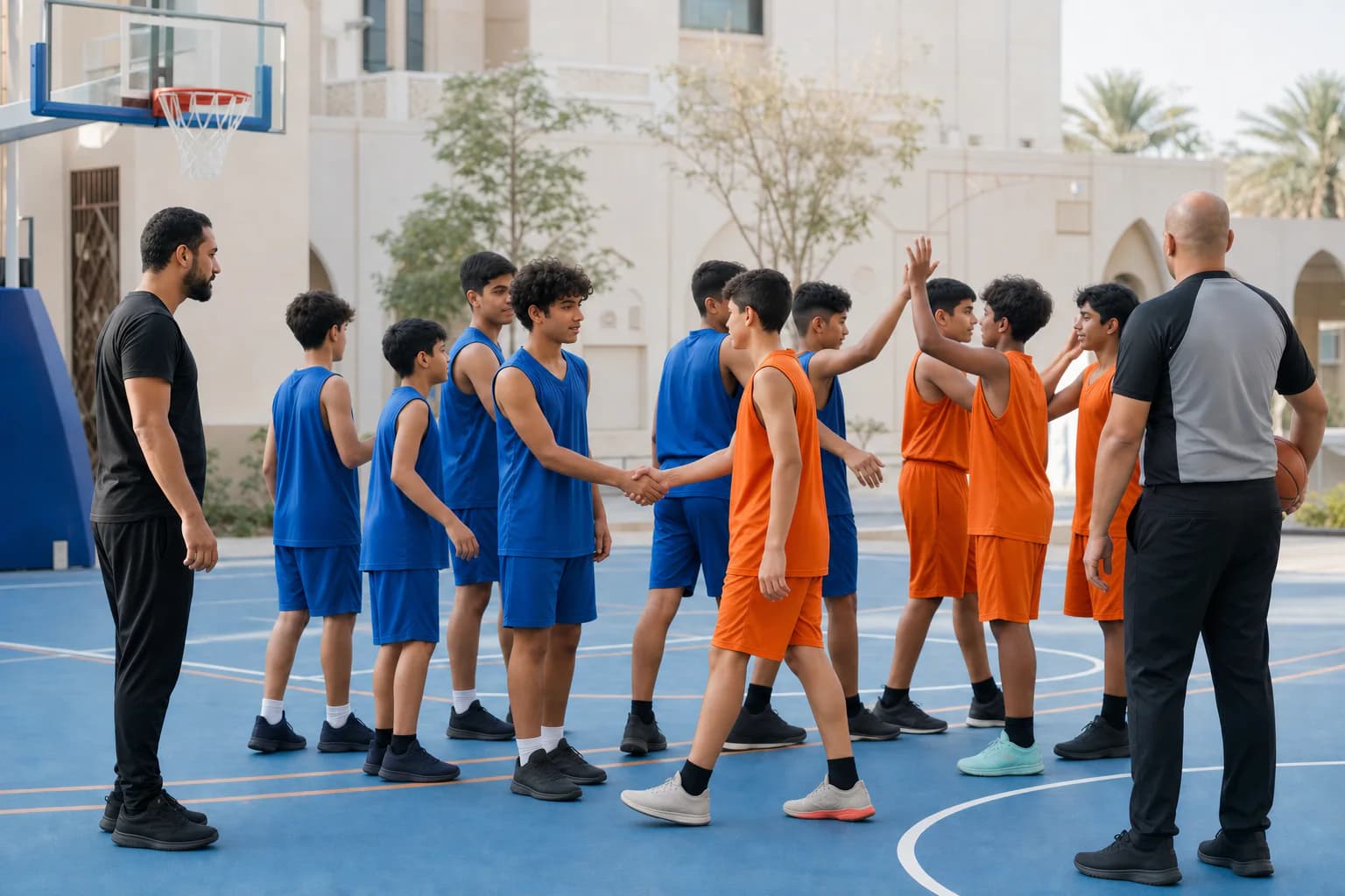 Youth basketball teams exchanging handshakes and high-fives after a UAE league game
